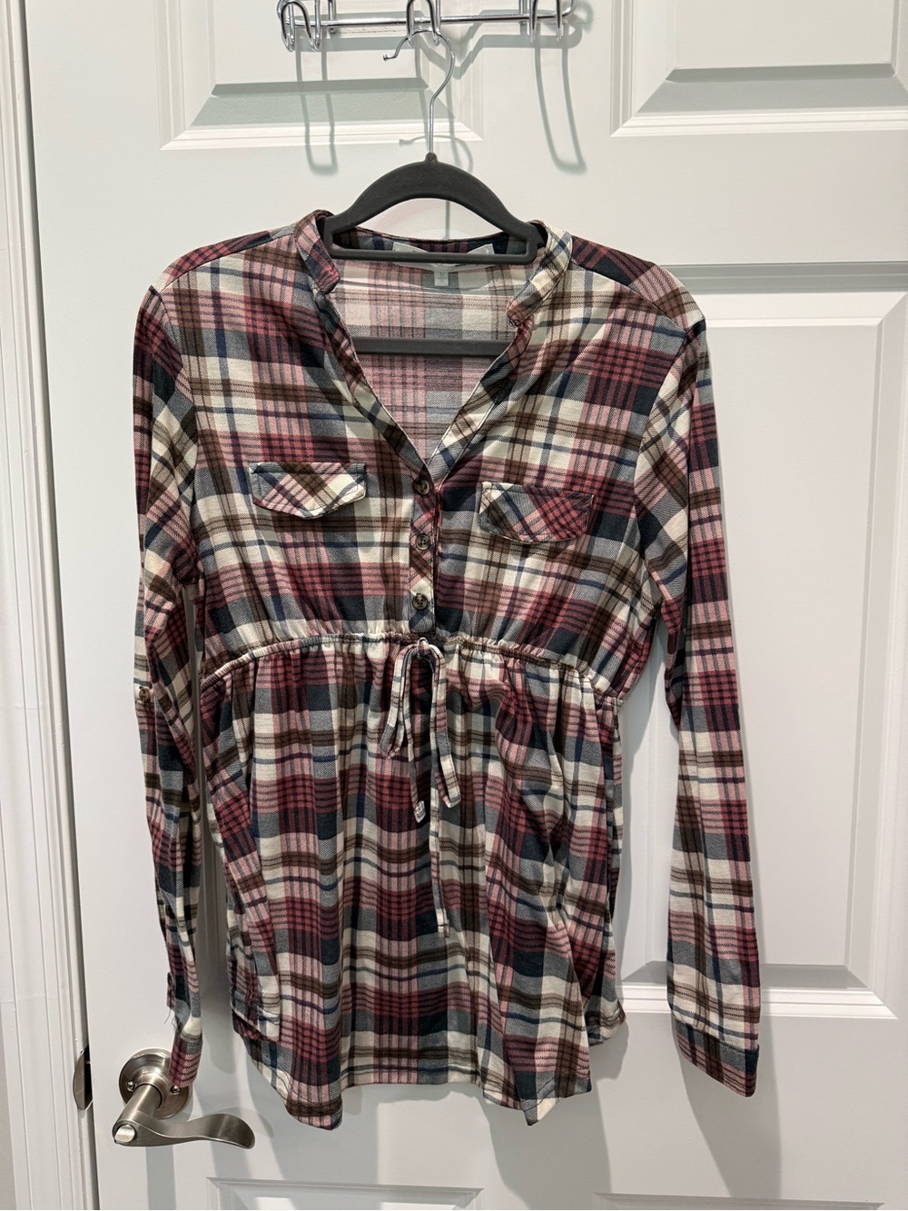Eden & Olivia Plaid Button-Front Tunic in Burgundy, Navy & Cream Maternity M